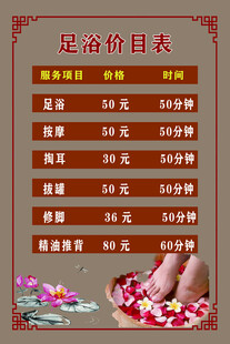 足浴 价目表展示