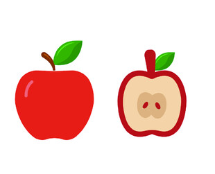 完整与切开的红苹果 矢量图 扁