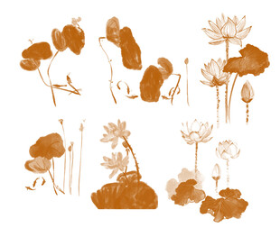 中式水墨风荷花元素集合