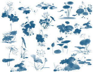 蓝白水墨风花卉植物图案