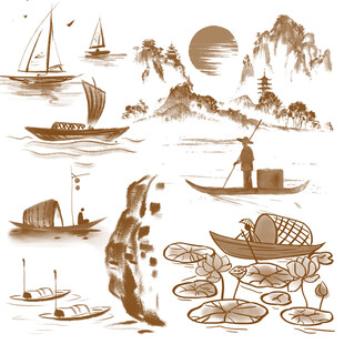 中式山水舟船古风插画