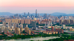 航拍宁波东新城宁波中心庆丰桥