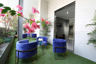 户外绿植环绕的休闲角落