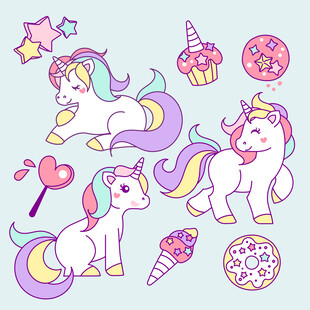 可爱独角兽与甜点插画