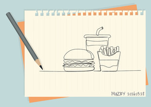 线条画 汉堡 薯条