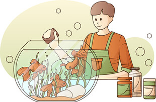 男子细心打理金鱼缸