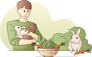 男子与宠物兔共享蔬果时光