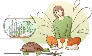 女孩与龟和鱼缸的温馨场景