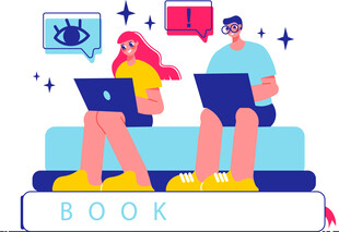 两人坐在书本上使用电子设备