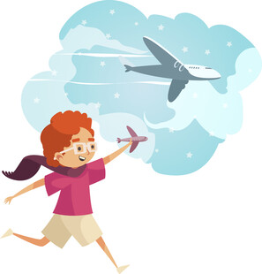 男孩奔跑放飞纸飞机