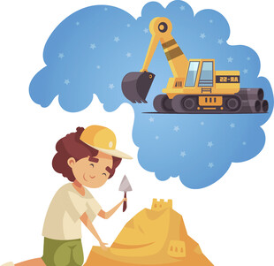 男孩畅想与挖掘机共筑沙堡