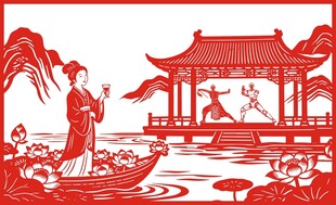 古典佳人于亭畔泛舟图景
