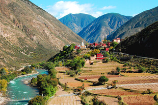 山谷中的多彩村落与河流