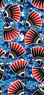 蓝底红黑图案几何花纹布料