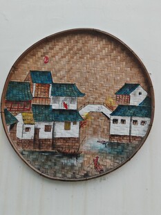 圆形刺绣水乡风景图 手绘墙画