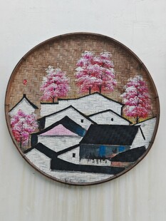 日式樱花村落风景图 手绘画 