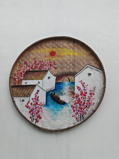 中式田园风圆形装饰画 手绘墙画