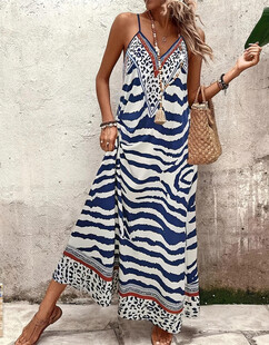 蓝白条纹无袖度假风长裙