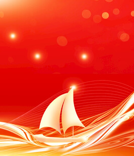 红色背景上的帆船与光效