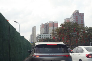 湛江城市道路上的车辆与高楼