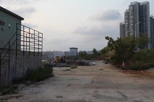 湛江城郊荒废空地与高楼远景