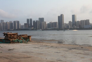 湛江江边城市风景与岸边小船