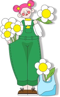 手持花朵的背带裤女孩