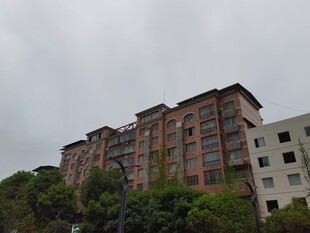 多层红砖建筑与周边绿植