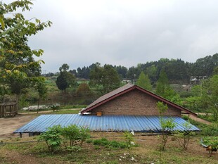 乡村农舍与蓝色棚顶景观