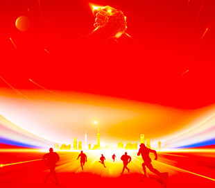 红色光芒下的活力奔跑场景