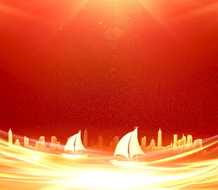 红色背景下的金色帆船景象