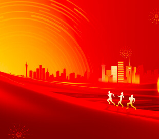 红色城市背景下的奔跑者