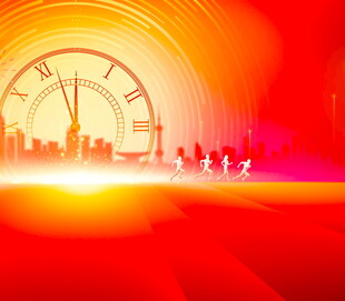 城市光影中的时钟与行人