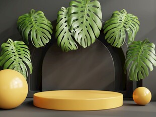 绿植环绕的简约展示台