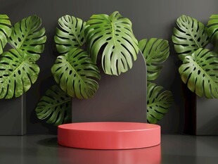 绿植环绕的红色展示台