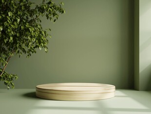 简约浅色圆台与绿植背景