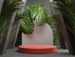 绿植环绕的红色展示台