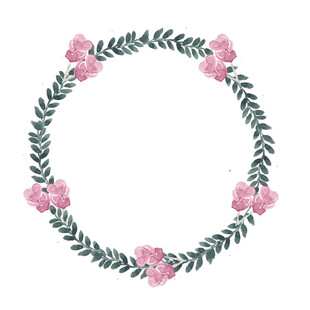 手绘粉色花朵绿叶花环