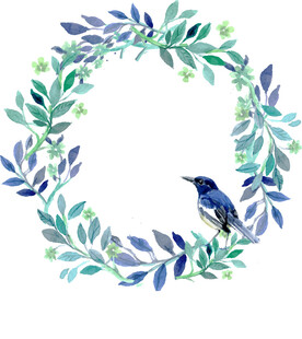 蓝鸟栖于水彩绿叶花环中