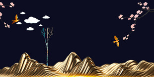 金色山峦间的梦幻飞鸟图景