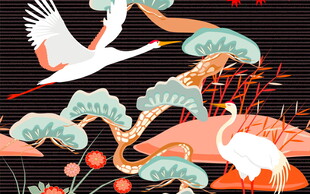 中式仙鹤山水插画意境美