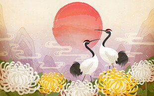 夕阳下双鹤伴繁花绽放
