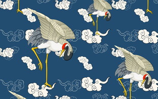 蓝底仙鹤云纹中式图案
