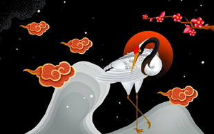 仙鹤踏云伴月图