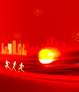 红色城市中三人奔跑景象