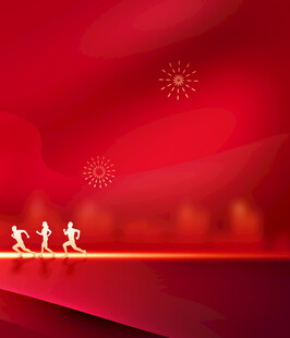 红色背景下的奔跑人物剪影