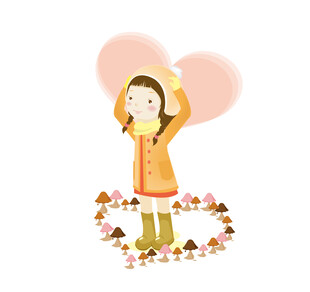 女孩被爱心与落叶环绕