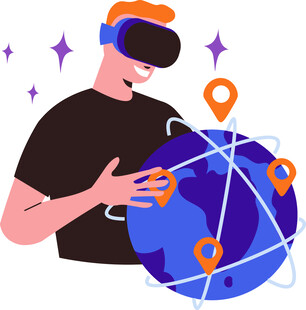 卡通男子手持地球体验虚拟现实