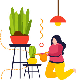 女子专注打理室内绿植