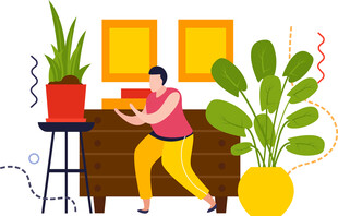 女子悉心打理室内绿植